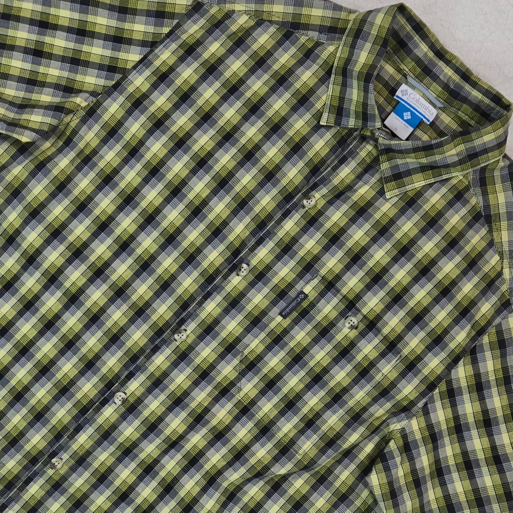 Columbia Men Plaid Button Up Shirt Yellow Black Hiking Outdoor L